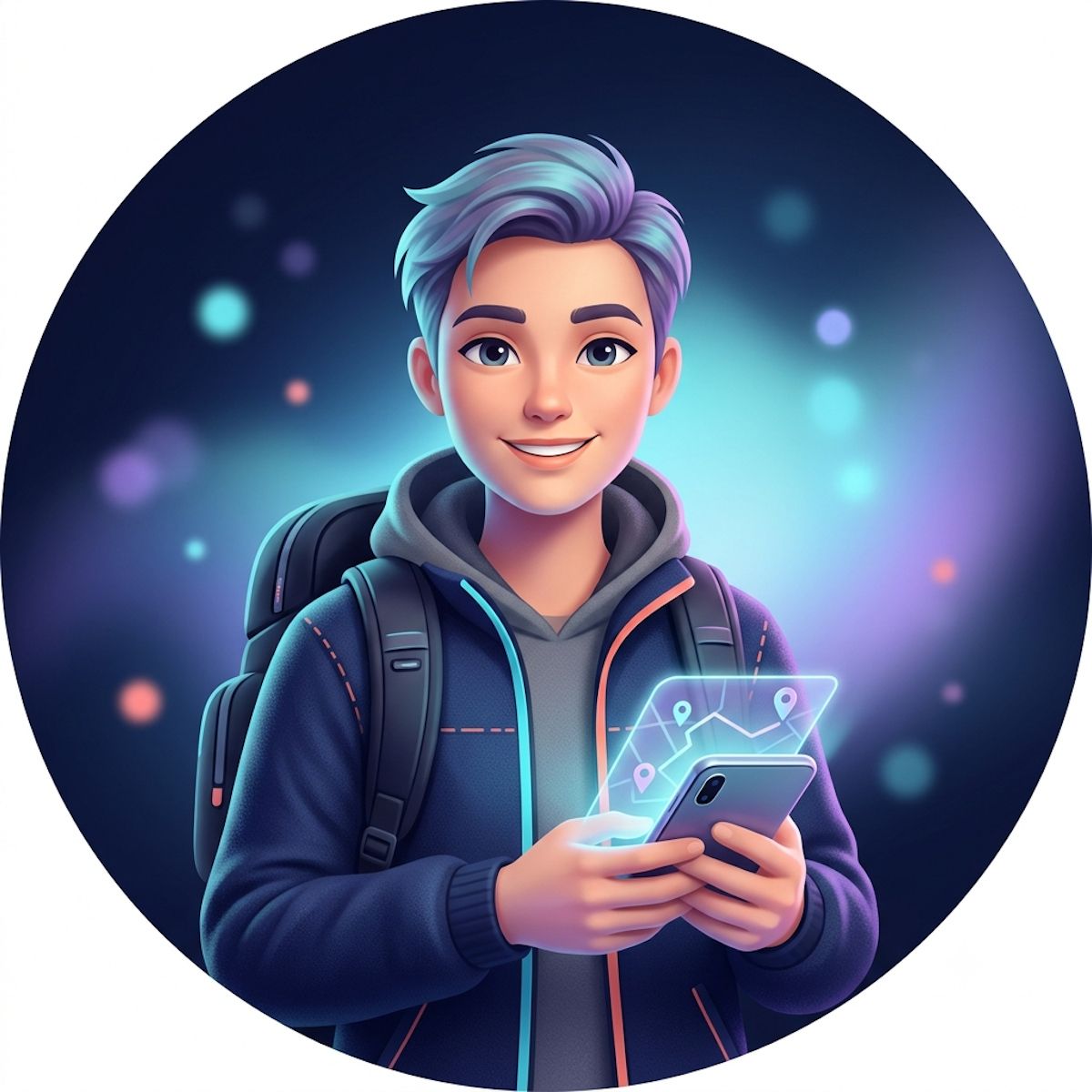 Illustrated traveler character with a backpack, looking at a phone showing a route map.